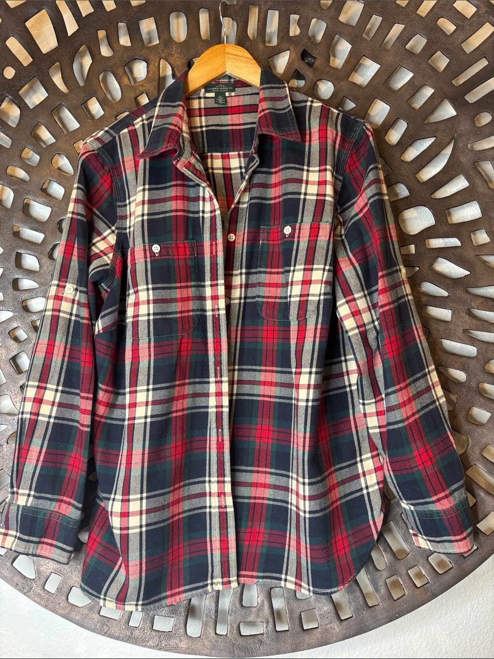 ❤️ Lauren Ralph Lauren Jeans Co Red Navy Cream Plaid Flannel Shirt 1X Cotton ❤️